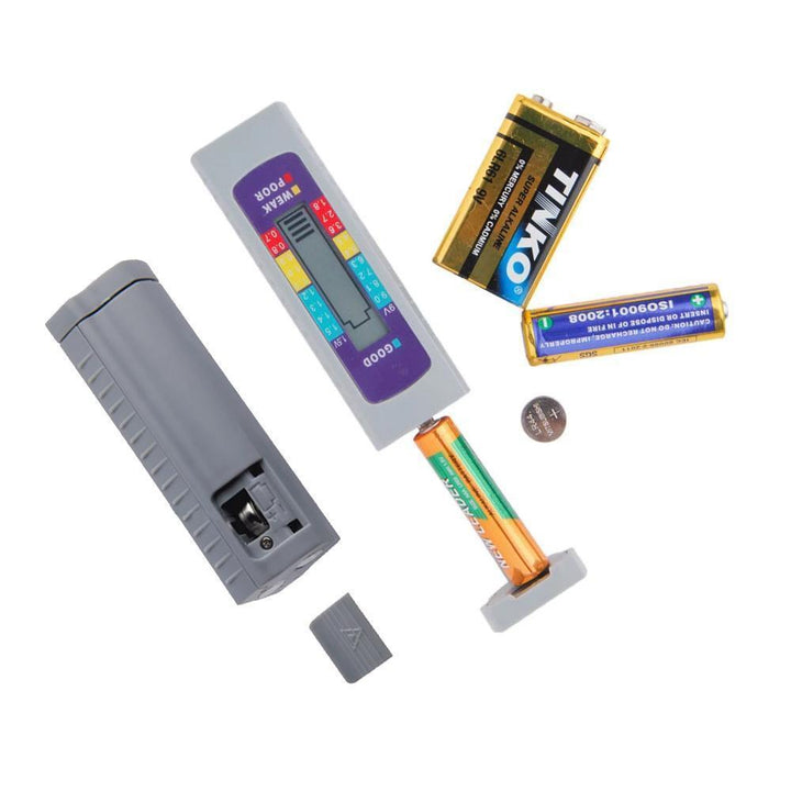 Batteritestare för hemelektronik visar batteristatus i färger, kompakt design, mäter knapp- och 9V-batterier.