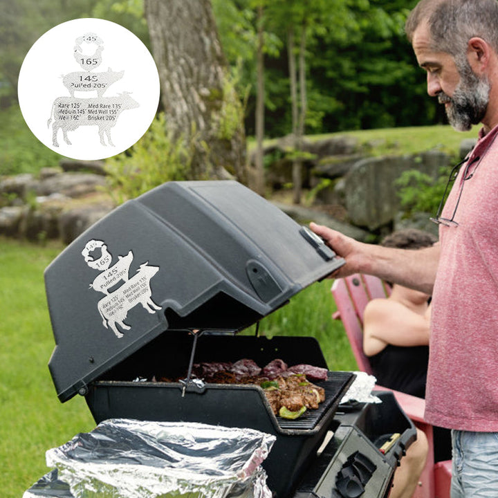 "BBQ presentset för män, magnet med grilltemperaturguide, svart och röd design som passar kök och utomhusgrill."