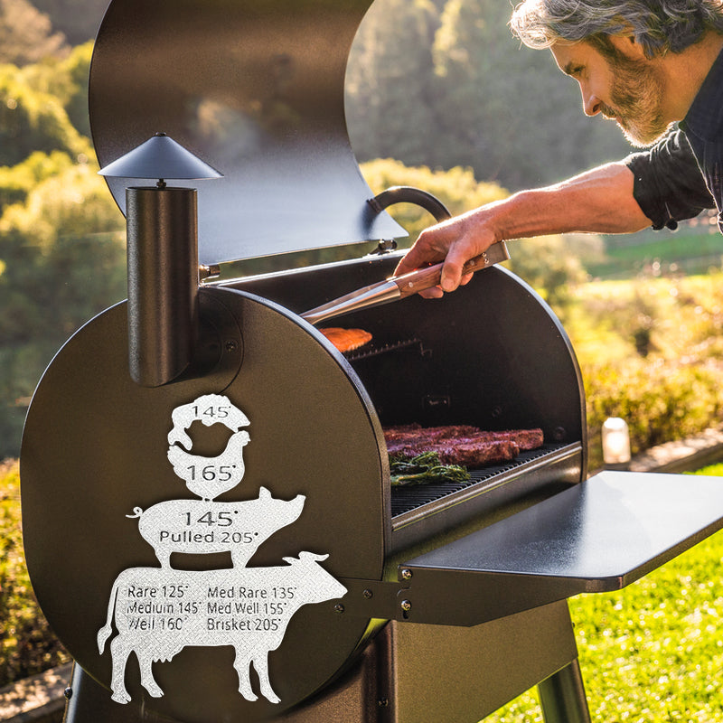 "BBQ presentset för män, magnet med grilltemperaturguide, svart och röd design som passar kök och utomhusgrill."