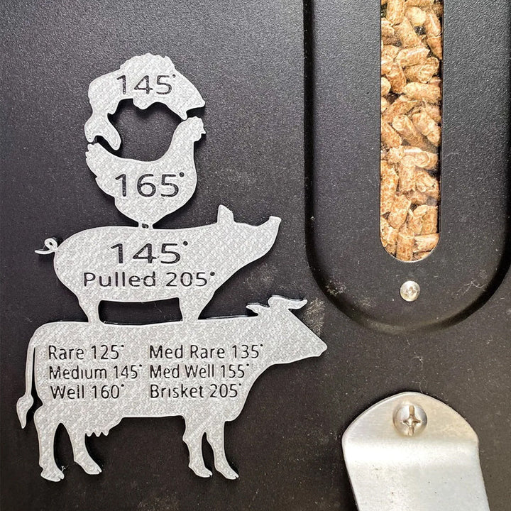 "BBQ presentset för män, magnet med grilltemperaturguide, svart och röd design som passar kök och utomhusgrill."
