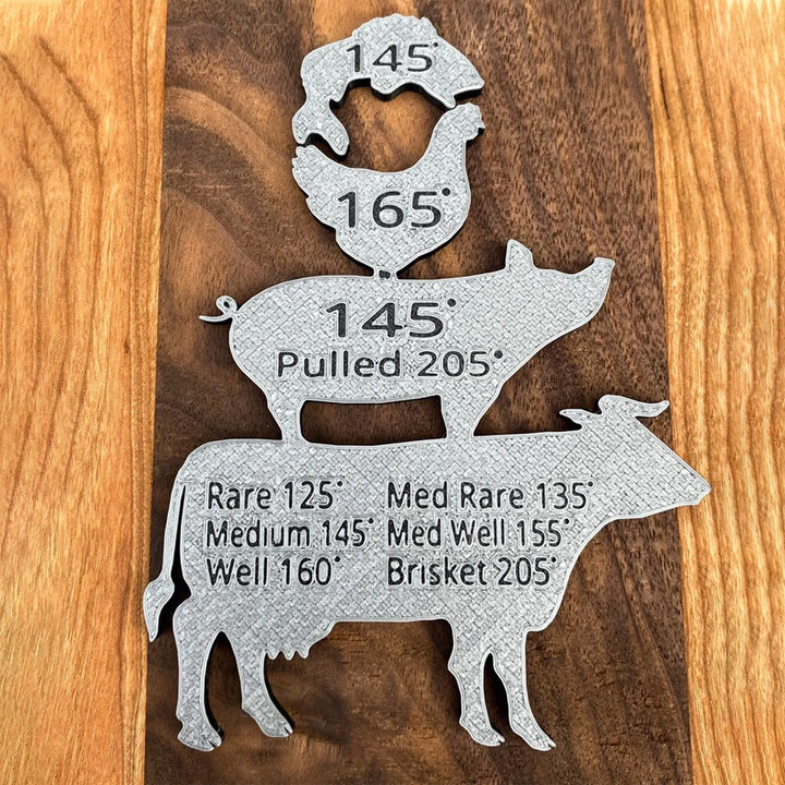 "BBQ presentset för män, magnet med grilltemperaturguide, svart och röd design som passar kök och utomhusgrill."