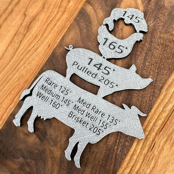 "BBQ presentset för män, magnet med grilltemperaturguide, svart och röd design som passar kök och utomhusgrill."
