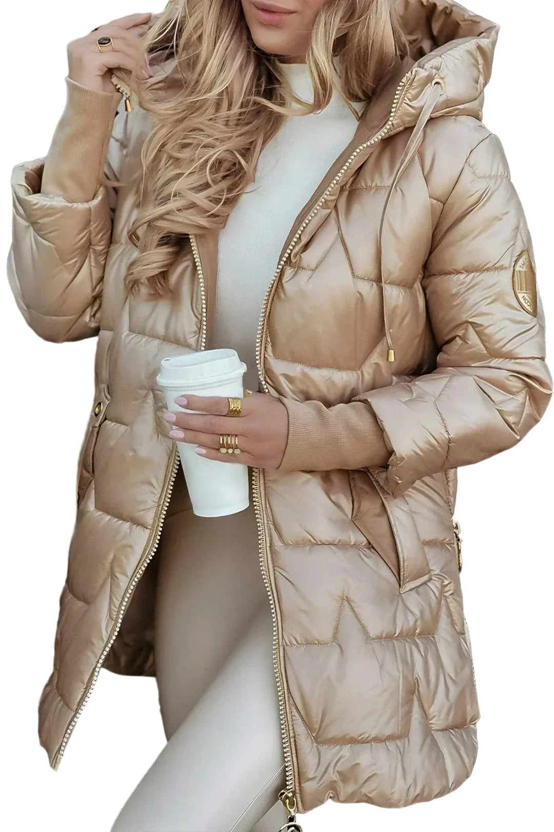 Beige lättfodrad vinterkappa för kvinnor med huva, rak passform, perfekt för vardagsbruk.