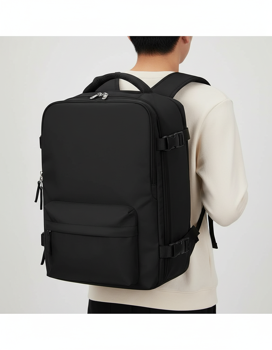 Svart unisex ryggsäck med vattentåligt material, USB-laddning & fack för skor och laptop, idealisk för äventyr.