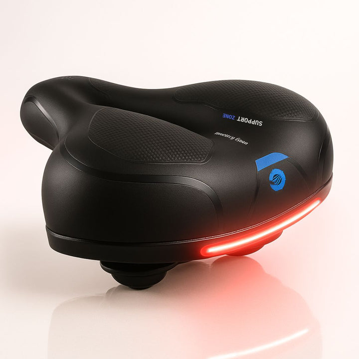 Vattentät cykelsadel i ergonomisk design med reflexdetaljer för mörkercykling.