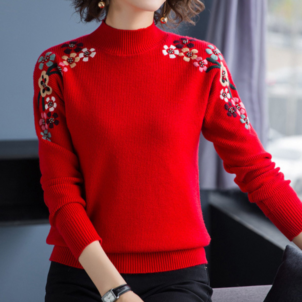 Bekväm damtröja med blommönster för höst & vinter. Mjuk stickad pullover med lång ärm för vardagsstil.