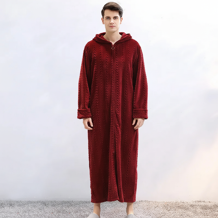Varm och mysig kapuschongförsedd badrock, unisex. Perfekt för kalla morgnar och avkoppling i hemmet.