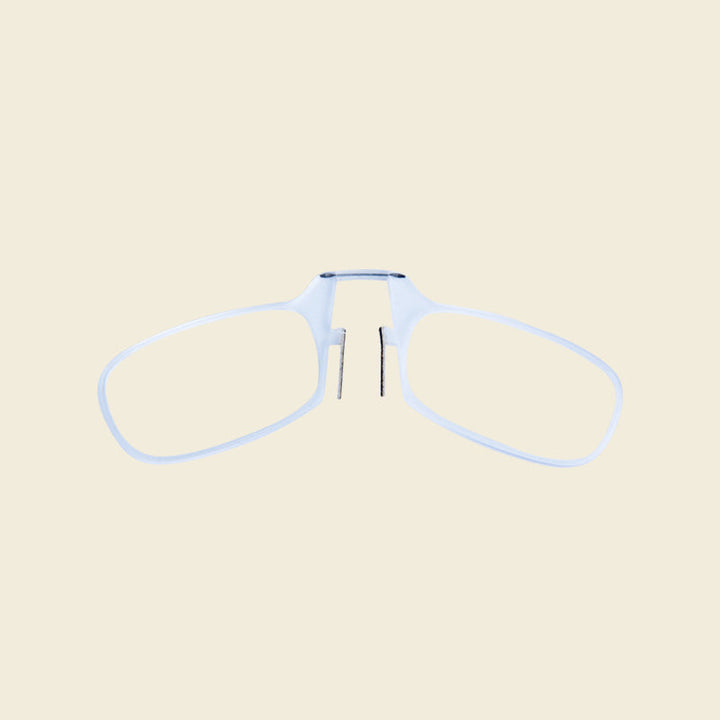 Benlösa näsklämma läsglasögon i minimalistisk design med svart och vit färg, lätt och bekväm med silikon nässkydd.