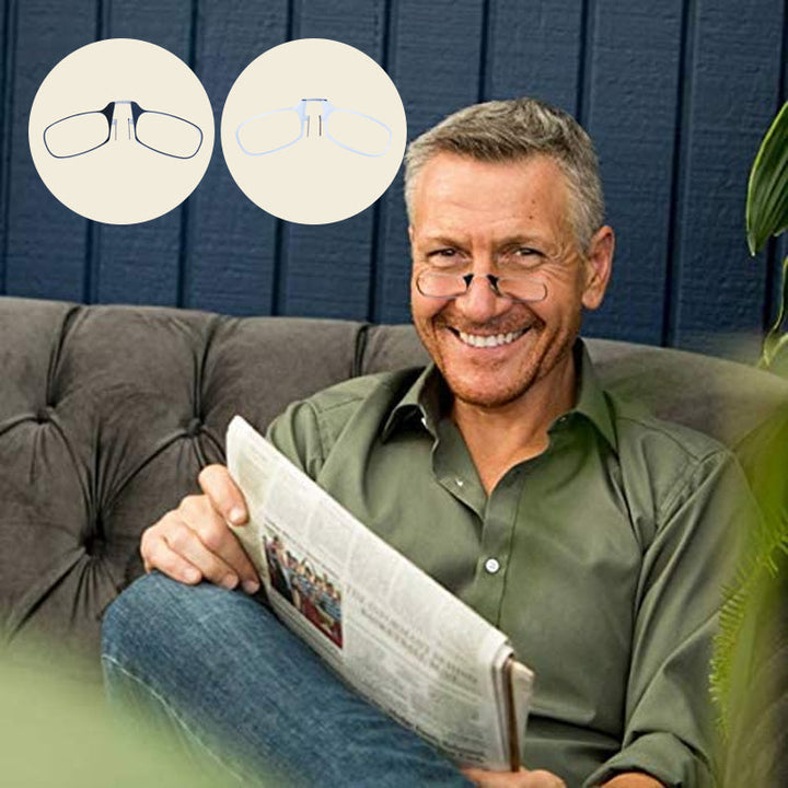 Benlösa näsklämma läsglasögon i minimalistisk design med svart och vit färg, lätt och bekväm med silikon nässkydd.