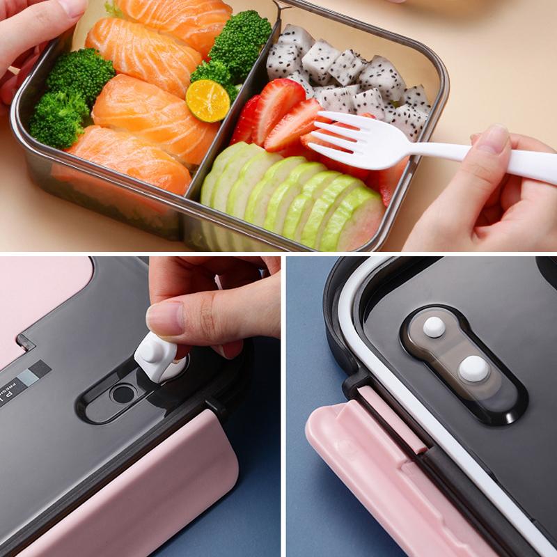 "Bento-låda i plast med flera fack, stilren design i blå, rosa, beige. Perfekt för lunch med BPA-fri, säker för mat."