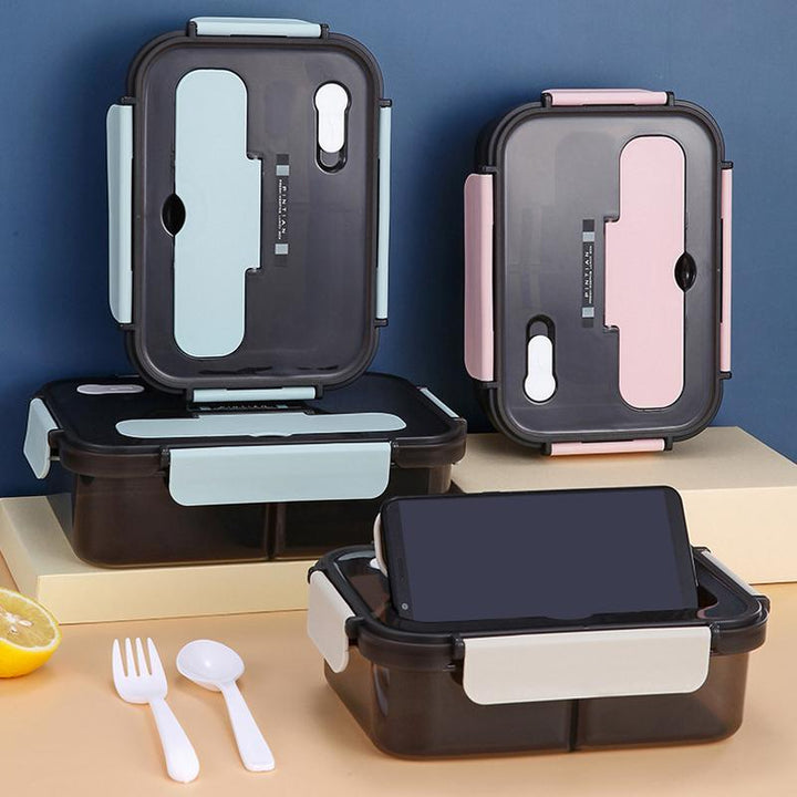 "Bento-låda i plast med flera fack, stilren design i blå, rosa, beige. Perfekt för lunch med BPA-fri, säker för mat."