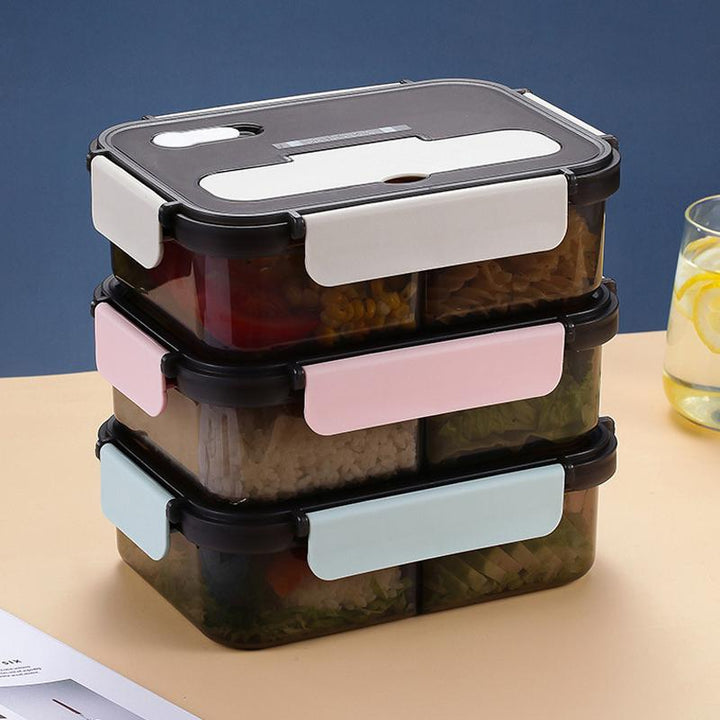 "Bento-låda i plast med flera fack, stilren design i blå, rosa, beige. Perfekt för lunch med BPA-fri, säker för mat."