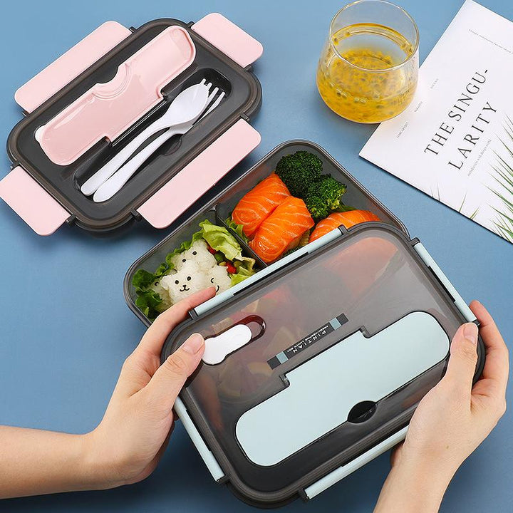 "Bento-låda i plast med flera fack, stilren design i blå, rosa, beige. Perfekt för lunch med BPA-fri, säker för mat."