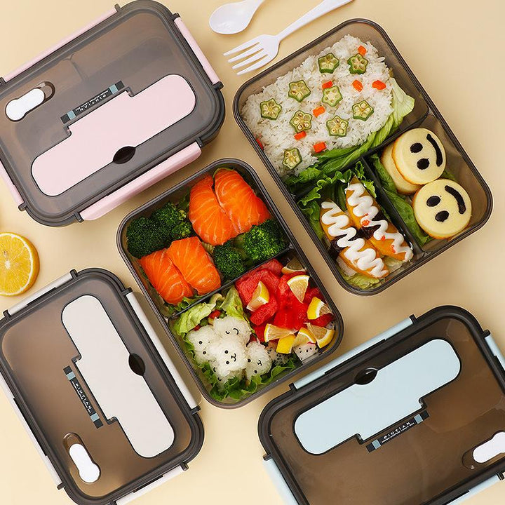 "Bento-låda i plast med flera fack, stilren design i blå, rosa, beige. Perfekt för lunch med BPA-fri, säker för mat."