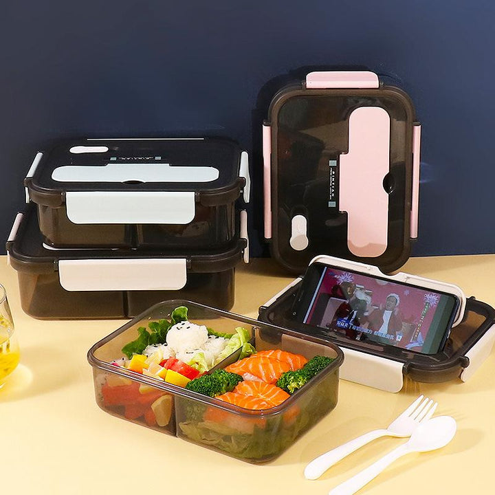 "Bento-låda i plast med flera fack, stilren design i blå, rosa, beige. Perfekt för lunch med BPA-fri, säker för mat."