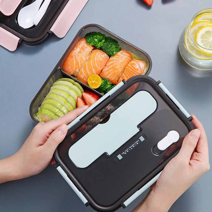 "Bento-låda i plast med flera fack, stilren design i blå, rosa, beige. Perfekt för lunch med BPA-fri, säker för mat."