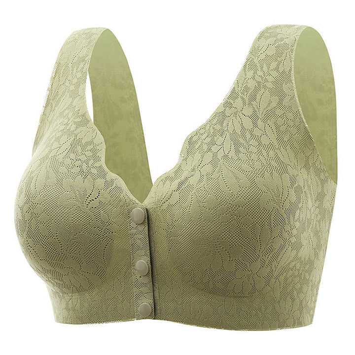 "BH med spets och framknäppning, full täckning, andningsbart tyg för komfort och stöd, elegant design för lingerie."