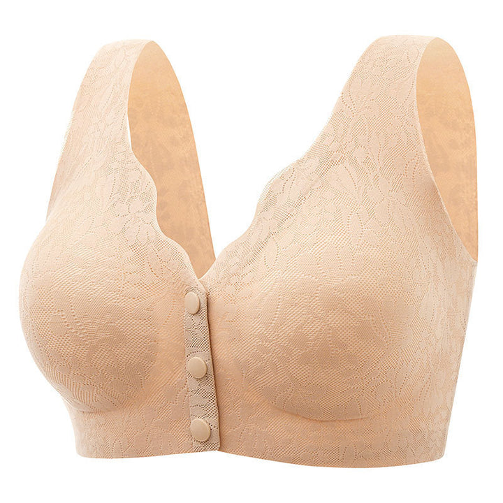 "BH med spets och framknäppning, full täckning, andningsbart tyg för komfort och stöd, elegant design för lingerie."