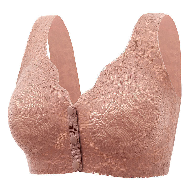 "BH med spets och framknäppning, full täckning, andningsbart tyg för komfort och stöd, elegant design för lingerie."