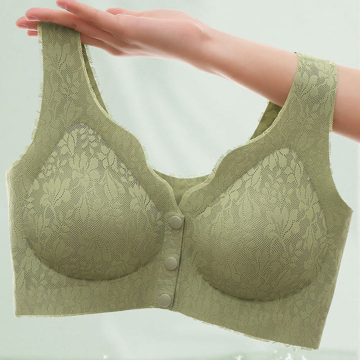 "BH med spets och framknäppning, full täckning, andningsbart tyg för komfort och stöd, elegant design för lingerie."