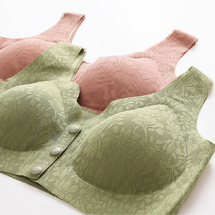 "BH med spets och framknäppning, full täckning, andningsbart tyg för komfort och stöd, elegant design för lingerie."