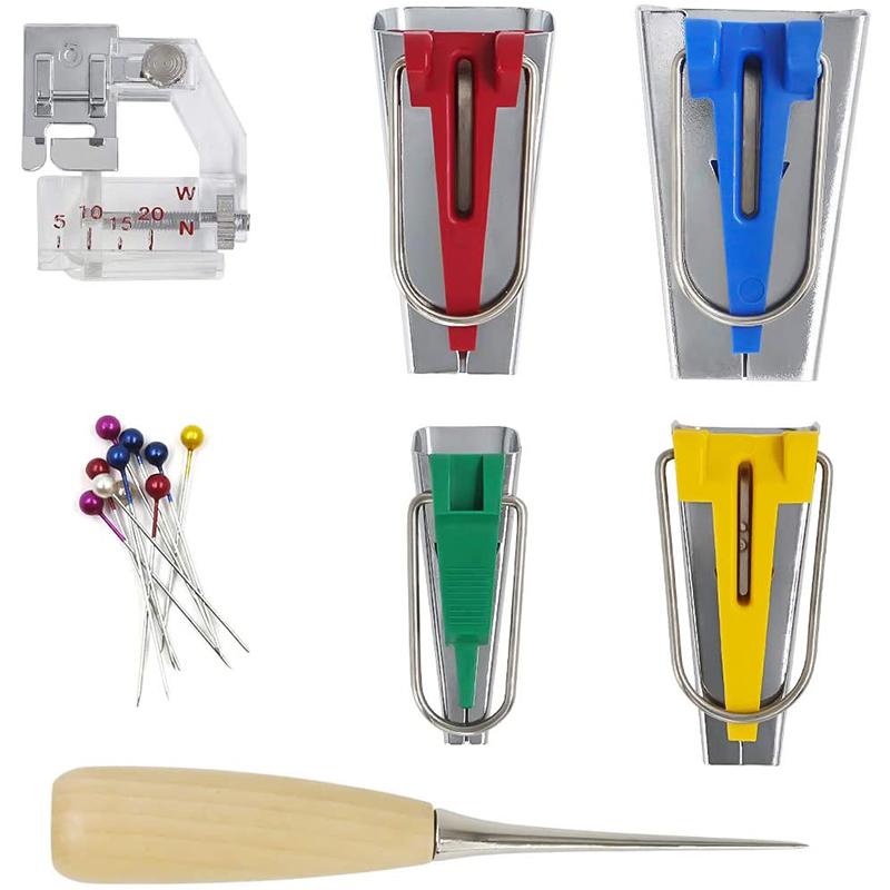 "Biasbandstillverkare för sömnad, unisex, med färgglada pipar och praktiska tillbehör för skräddarsydda kantband."