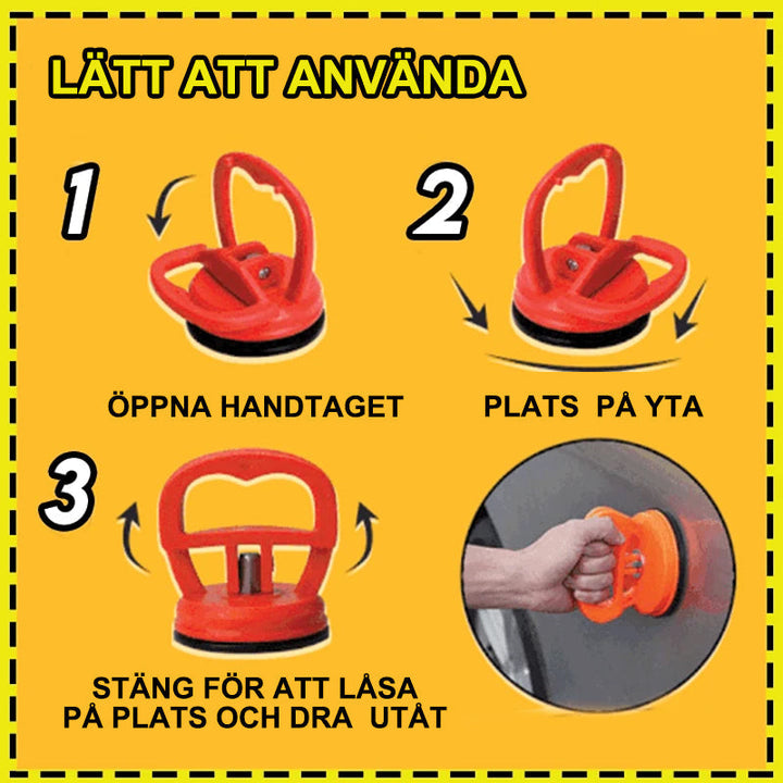 "Bilavdragare för dentreparation med sugkopp, enkel att använda, gul och svart design, lyfter upp till 10 kg."