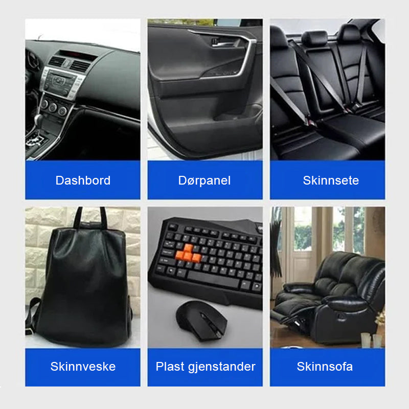 "Bilens interiörmedel för läder och plast, skyddar mot UV och oxidation, ger omedelbar glans och nybilskänsla."