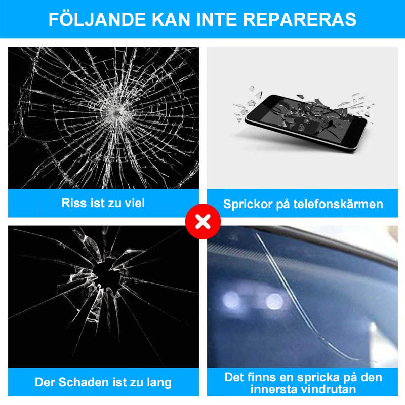 "Bilglas reparationsset med hartsflaska och applikator, effektivt för stenskott och sprickor på bilrutor, enkel användning."