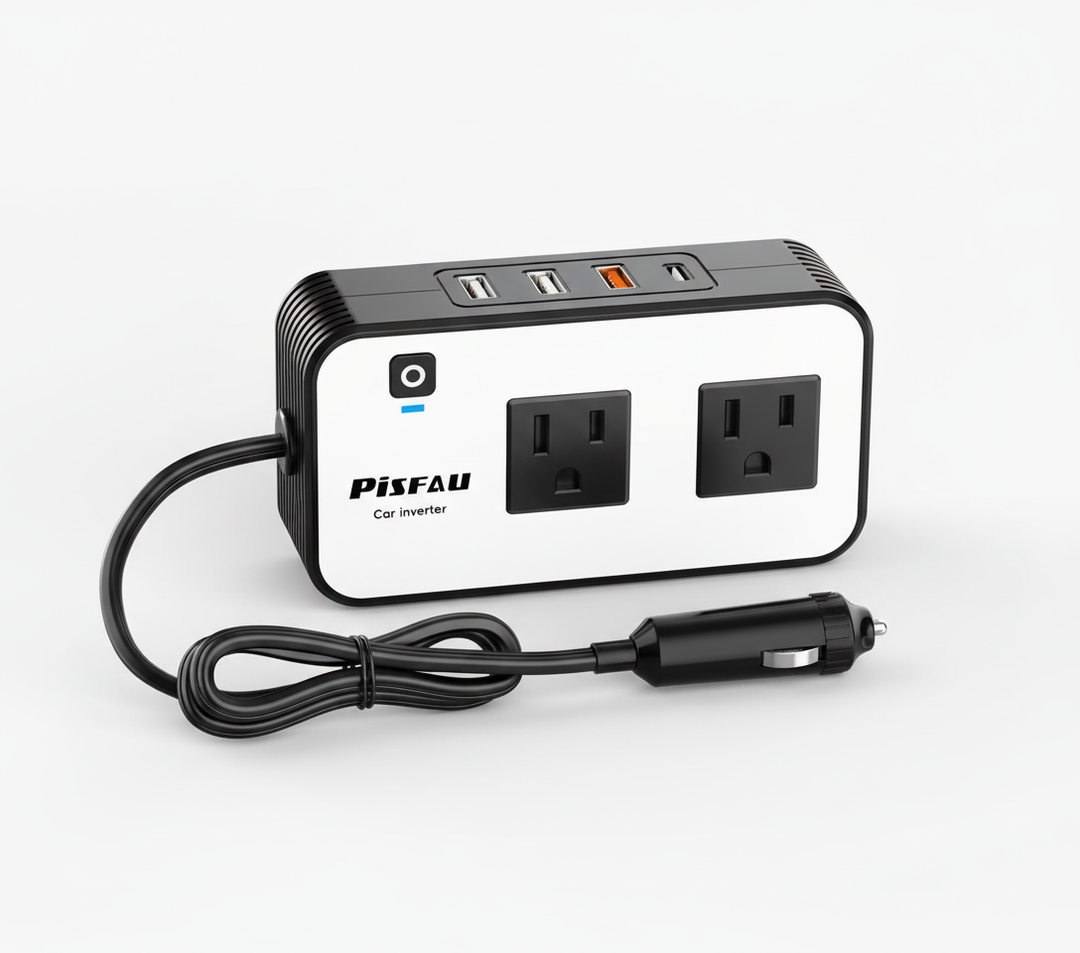 Kompakt bilomvandlare med USB-portar och 230V uttag. Perfekt för mobilladdning och laptop på vägen.
