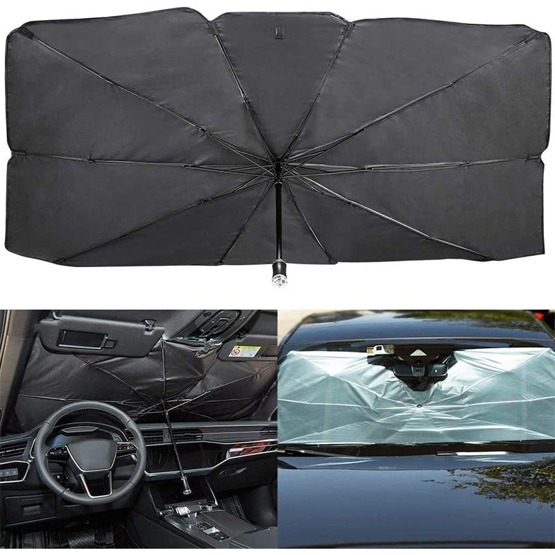 "Bilparasoll solskydd med aluminiumfolie, luktfri och reflekterande, för effektiv värmeisolering och UV-skydd i bilen."