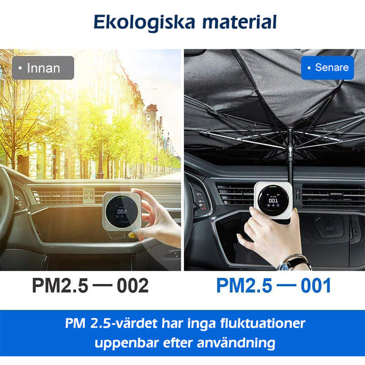 "Bilparasoll solskydd med aluminiumfolie, luktfri och reflekterande, för effektiv värmeisolering och UV-skydd i bilen."
