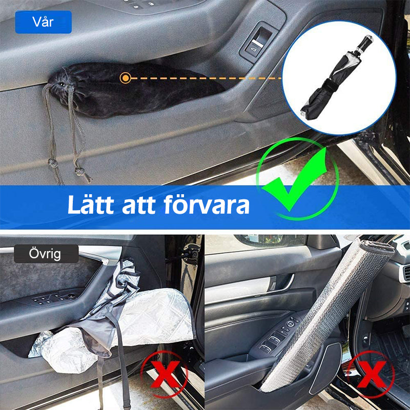 "Bilparasoll solskydd med aluminiumfolie, luktfri och reflekterande, för effektiv värmeisolering och UV-skydd i bilen."