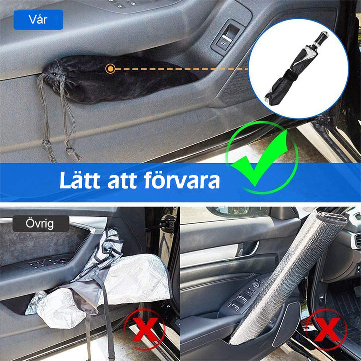 "Bilparasoll solskydd med aluminiumfolie, luktfri och reflekterande, för effektiv värmeisolering och UV-skydd i bilen."