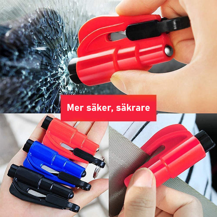 "Bilsäkerhetsnyckelring i kompakt design, blå färg, med bilbältesskärare och fönsterglaskrossare för bilförare."