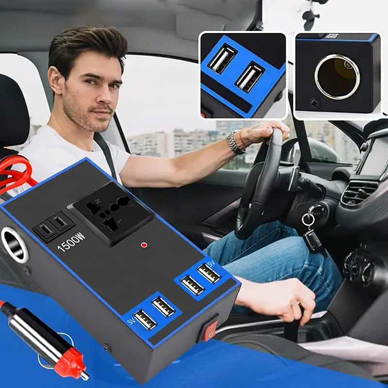 "Bilströmväxlare 200W med metallhölje och fyrkantig design, utrustad med fyra USB-portar för mobil laddning."