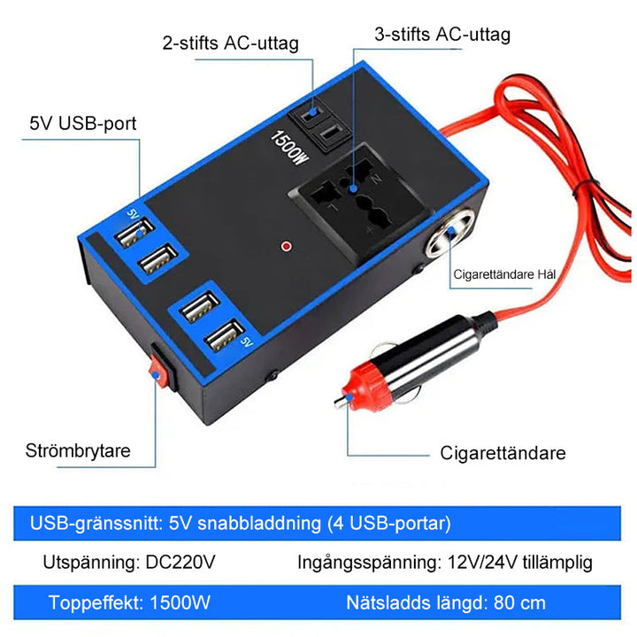 "Bilströmväxlare 200W med metallhölje och fyrkantig design, utrustad med fyra USB-portar för mobil laddning."