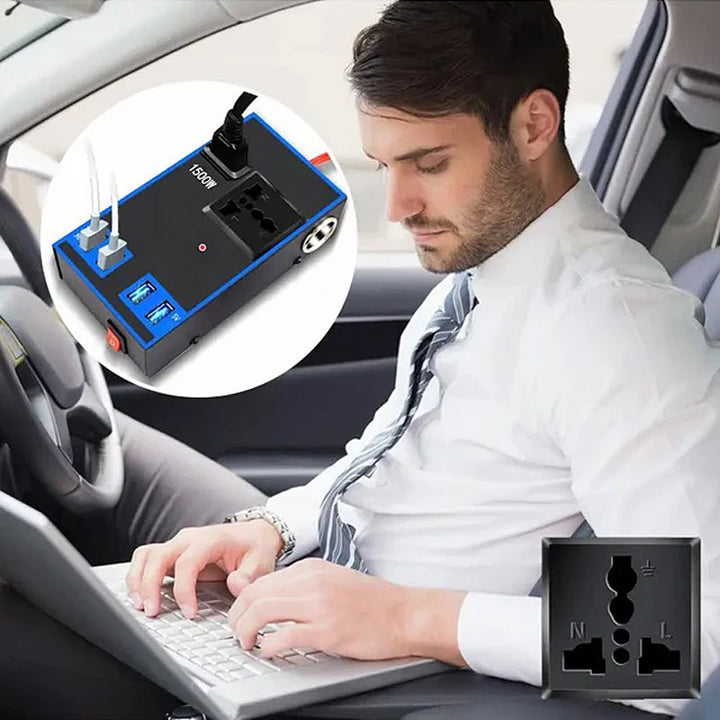 "Bilströmväxlare 200W med metallhölje och fyrkantig design, utrustad med fyra USB-portar för mobil laddning."
