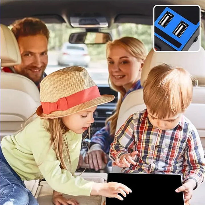"Bilströmväxlare 200W med metallhölje och fyrkantig design, utrustad med fyra USB-portar för mobil laddning."