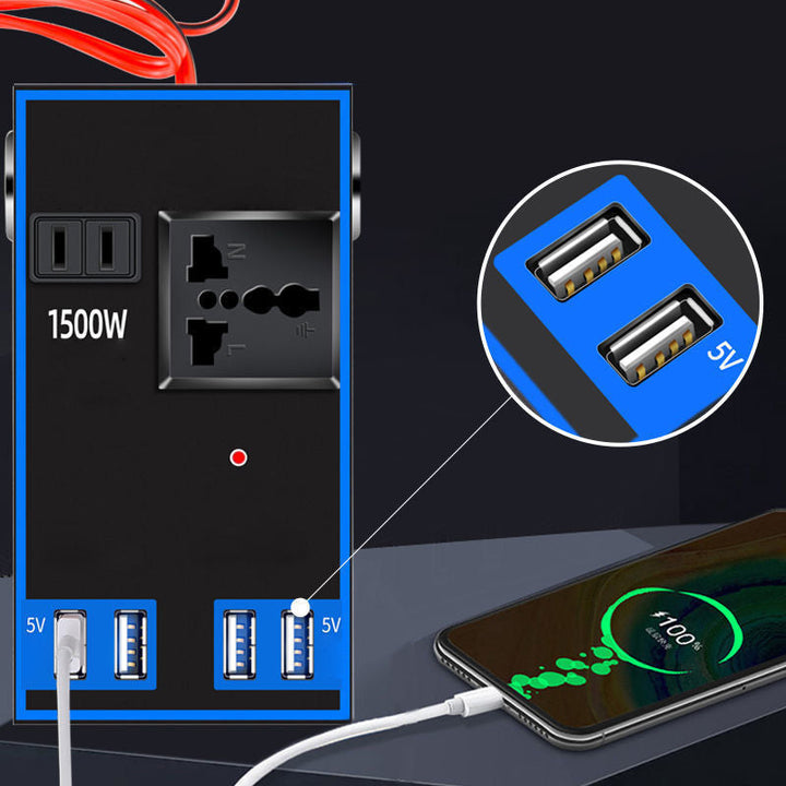 "Bilströmväxlare 200W med metallhölje och fyrkantig design, utrustad med fyra USB-portar för mobil laddning."