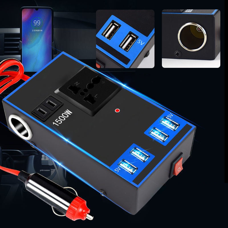 "Bilströmväxlare 200W med metallhölje och fyrkantig design, utrustad med fyra USB-portar för mobil laddning."
