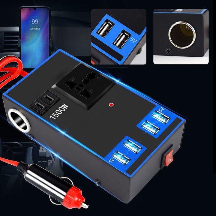 "Bilströmväxlare 200W med metallhölje och fyrkantig design, utrustad med fyra USB-portar för mobil laddning."