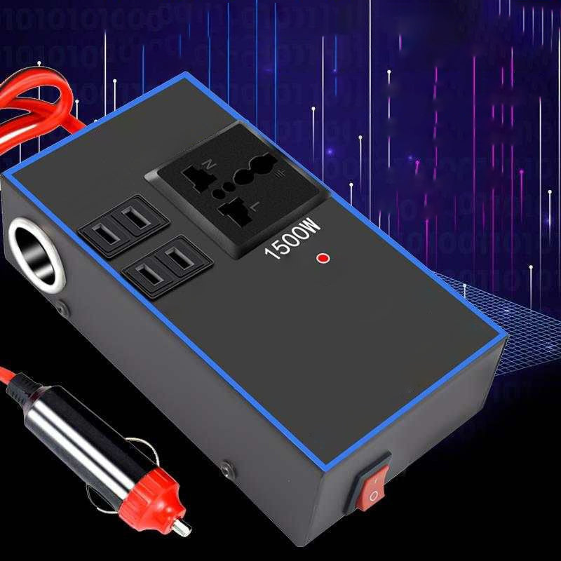 "Bilströmväxlare 200W med metallhölje och fyrkantig design, utrustad med fyra USB-portar för mobil laddning."