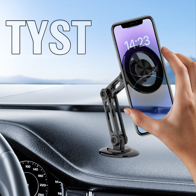 "Biltelefonhållare med 360° rotation, magnetisk, svart och silver design för handsfree användning i bilen"
