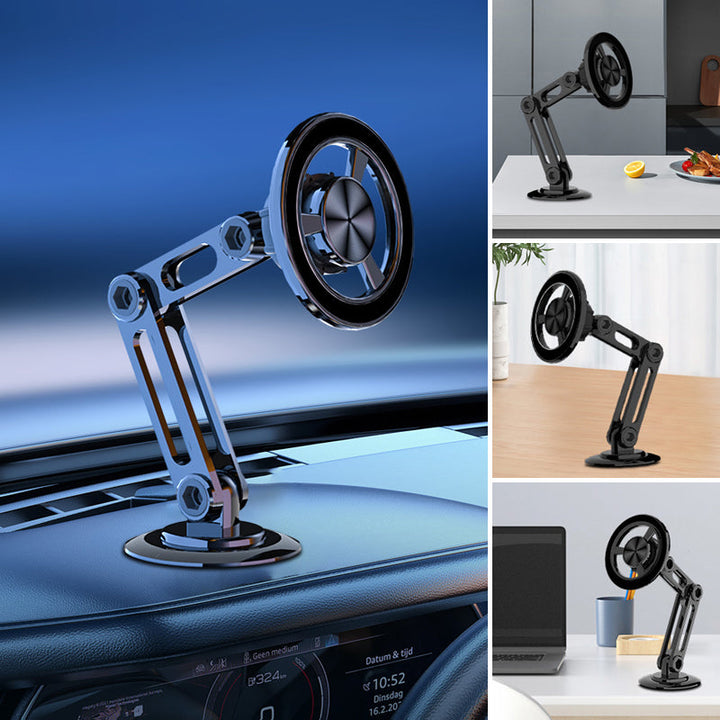 "Biltelefonhållare med 360° rotation, magnetisk, svart och silver design för handsfree användning i bilen"