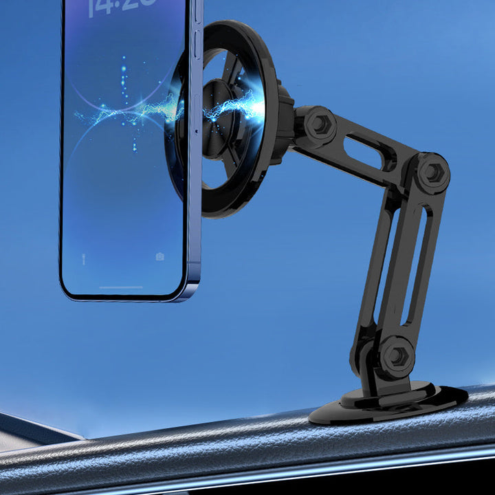 "Biltelefonhållare med 360° rotation, magnetisk, svart och silver design för handsfree användning i bilen"