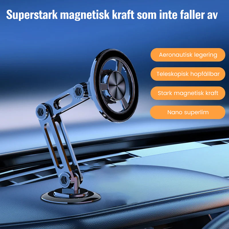 "Biltelefonhållare med 360° rotation, magnetisk, svart och silver design för handsfree användning i bilen"