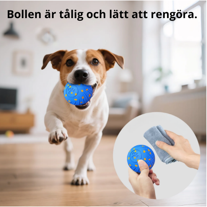 Robust interaktiv hundleksaksboll som engagerar och stimulerar hunden under lek.