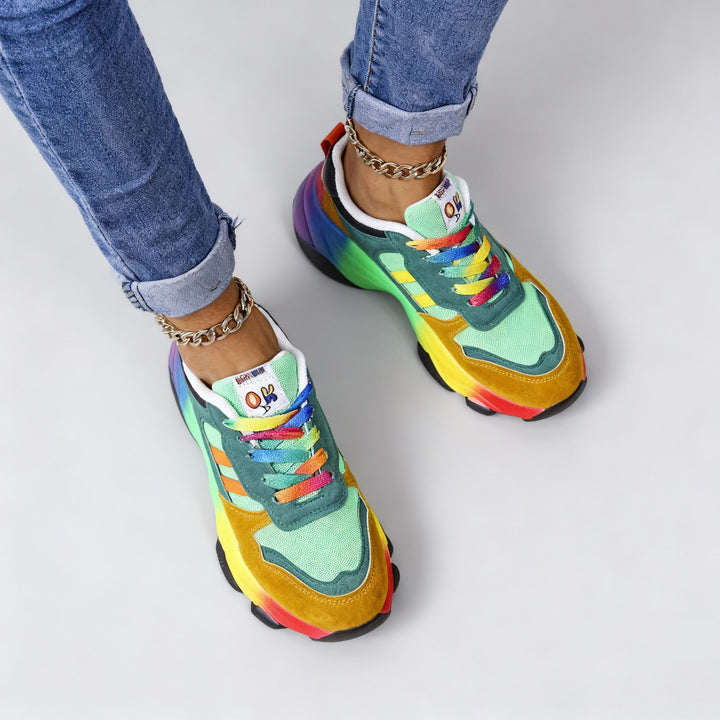 Bekväma blå-gröna damsneakers med robust fotvalvsstöd för långa dagar.