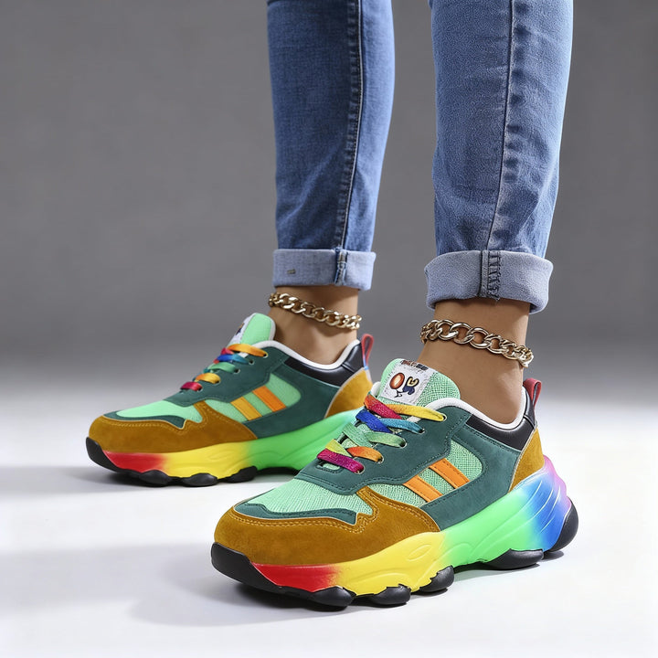 Damsneakers i blått och grönt, lätta med fotvalvsstöd, idealiska för daglig komfort.